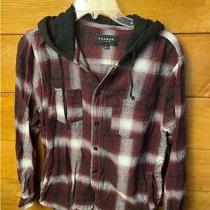 PacSun Men's Burgundy and Black Plaid Hooded Jacket